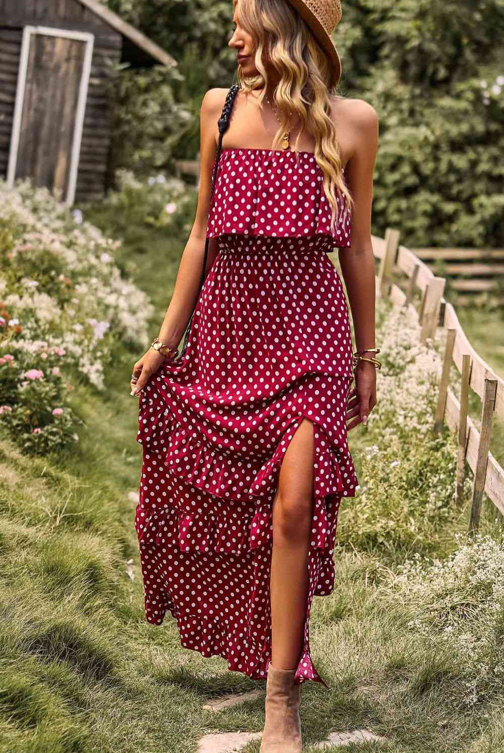 Polka Dot Strapless Slit Ruffled Maxi Dress - GemThreads Boutique