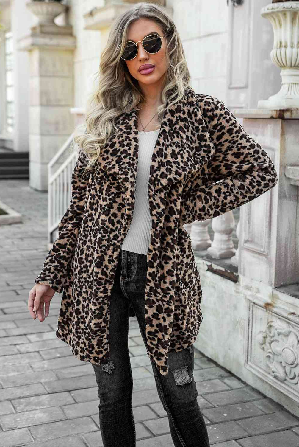 Printed Collared Longline Coat with Pockets - GemThreads Boutique