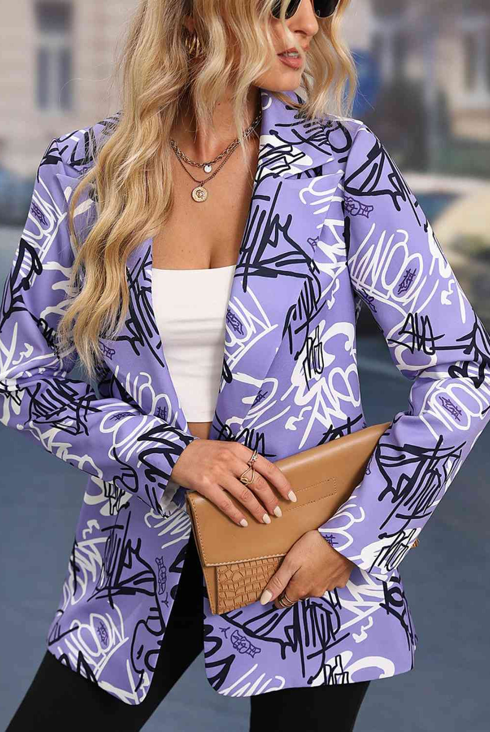 Printed Lapel Collar Long Sleeve Blazer - GemThreads Boutique