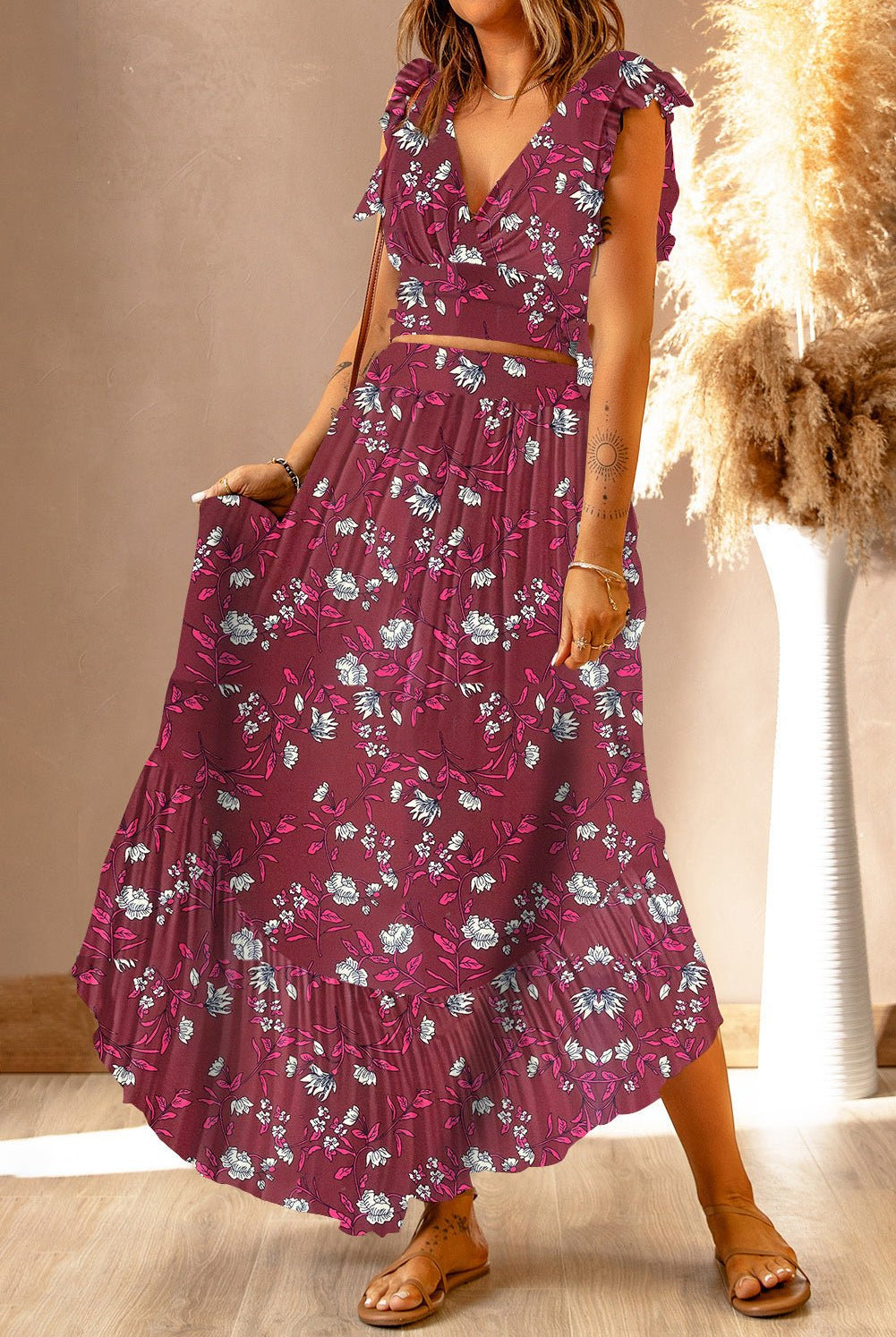 Printed Tie Back Cropped Top and Maxi Skirt Set - GemThreads Boutique Printed Tie Back Cropped Top and Maxi Skirt Set