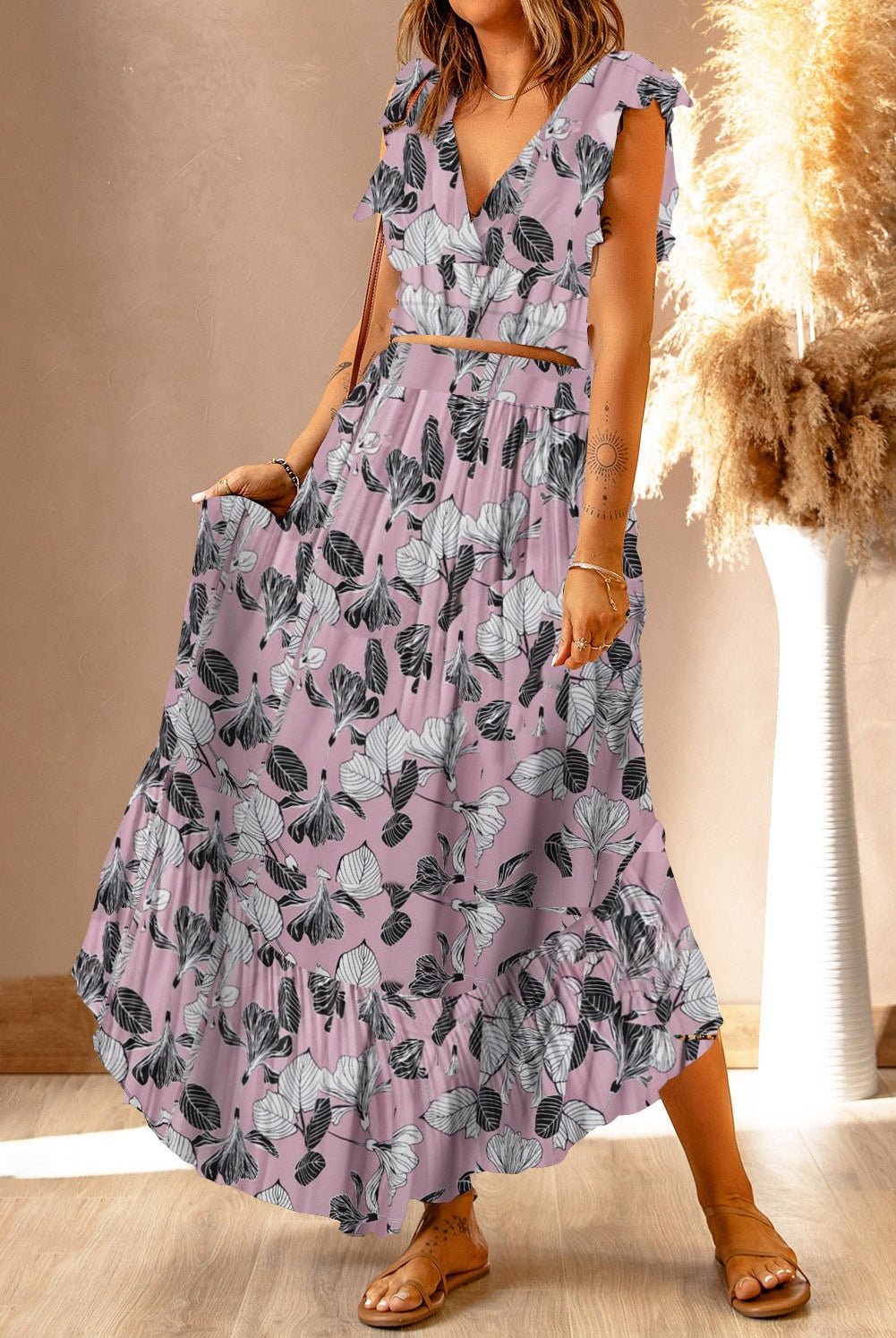 Printed Tie Back Cropped Top and Maxi Skirt Set - GemThreads Boutique Printed Tie Back Cropped Top and Maxi Skirt Set