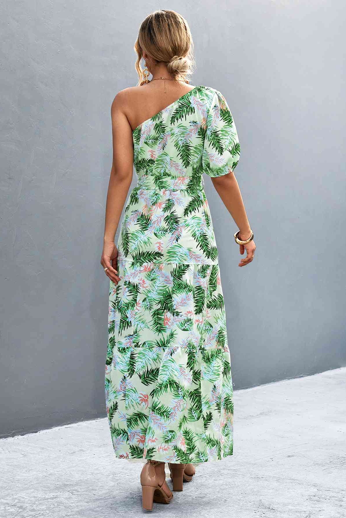 Printed Tie Waist One Shoulder Maxi Dress - GemThreads Boutique