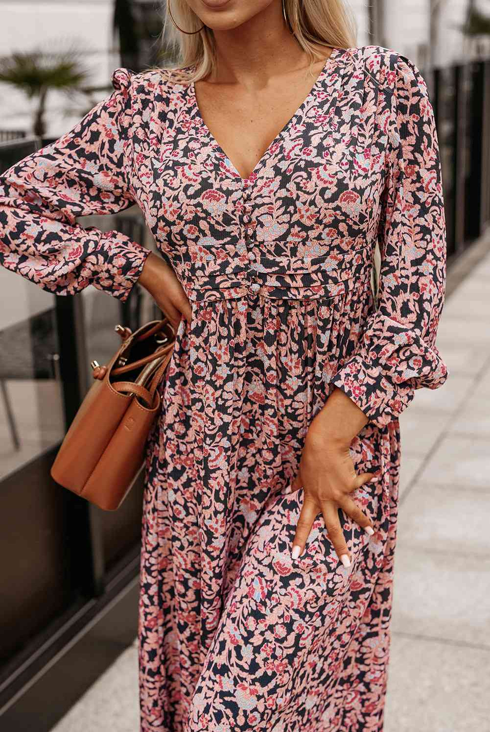 Printed V-Neck Long Sleeve Maxi Dress - GemThreads Boutique