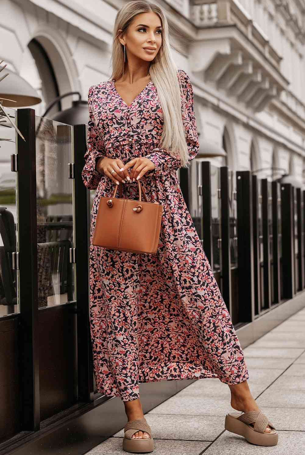 Printed V-Neck Long Sleeve Maxi Dress - GemThreads Boutique