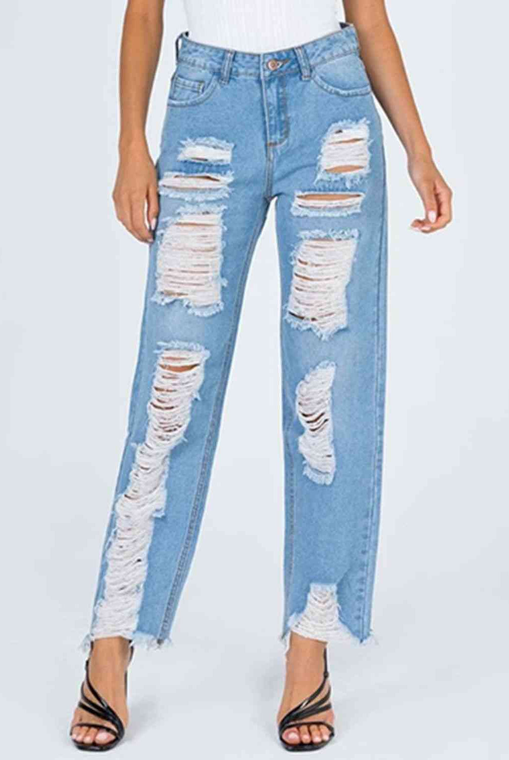 Raw Hem Distressed Straight Jeans - GemThreads Boutique