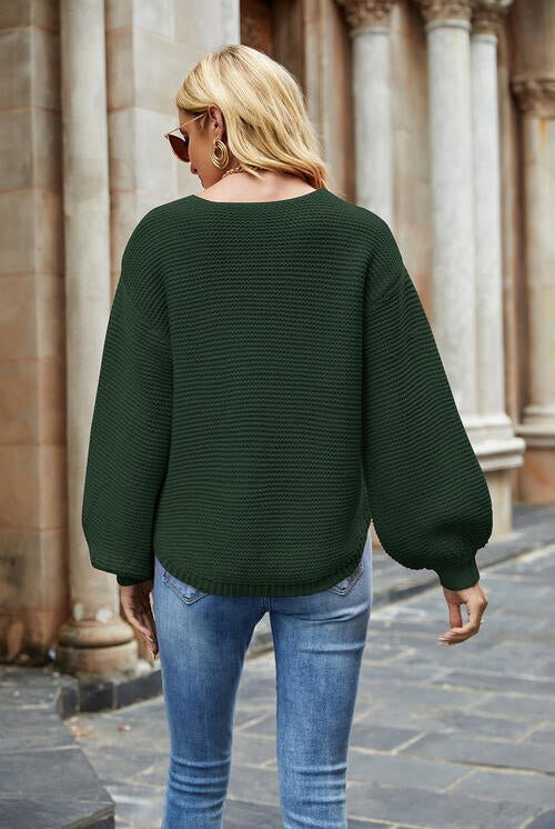 Round Neck Lantern Sleeve Sweater - GemThreads Boutique