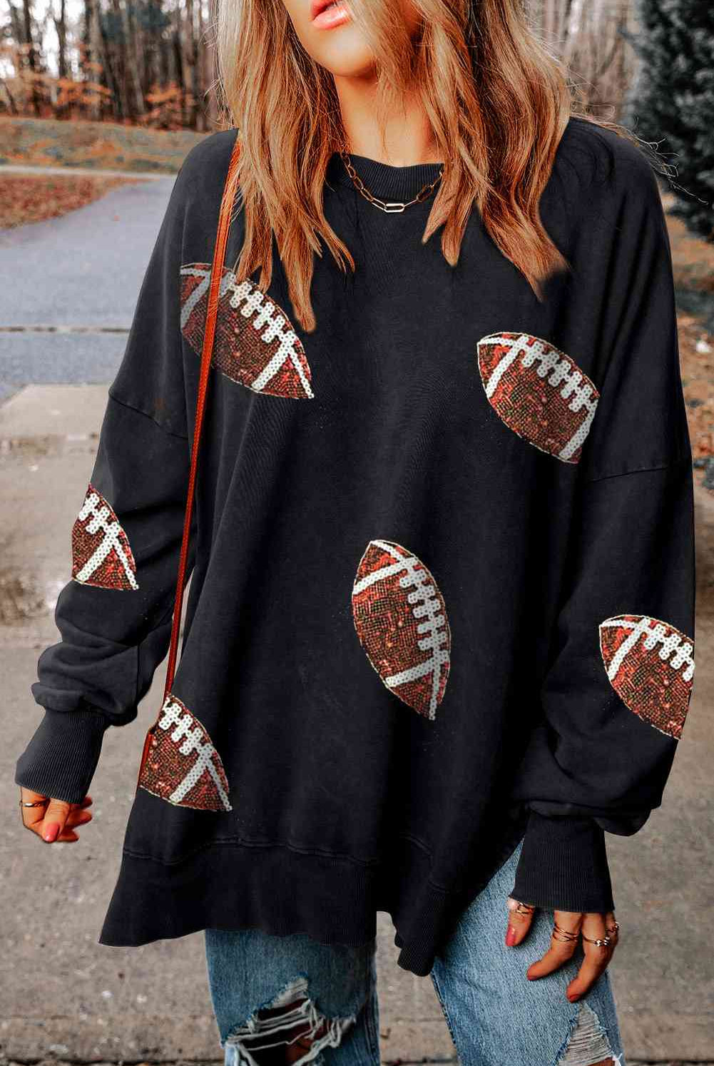 Sequin Football Patch Slit Sweatshirt - GemThreads Boutique Sequin Football Patch Slit Sweatshirt