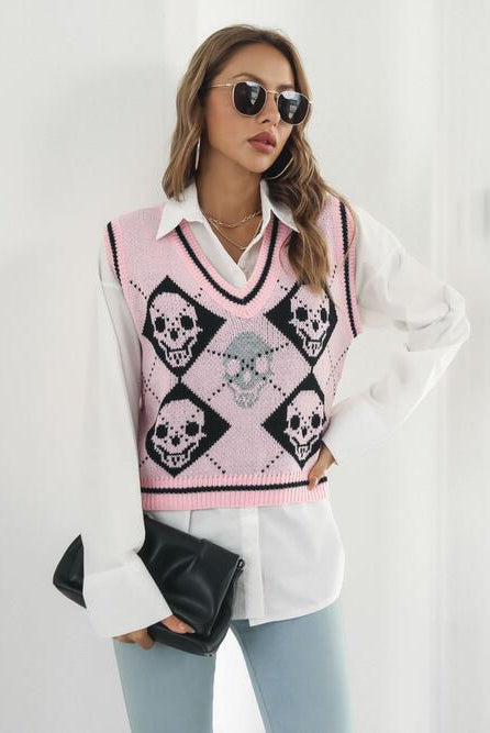 Skull Contrast V-Neck Sweater Vest - GemThreads Boutique