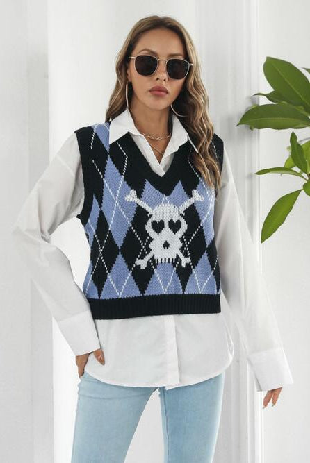Skull Geometric V-Neck Sweater Vest - GemThreads Boutique