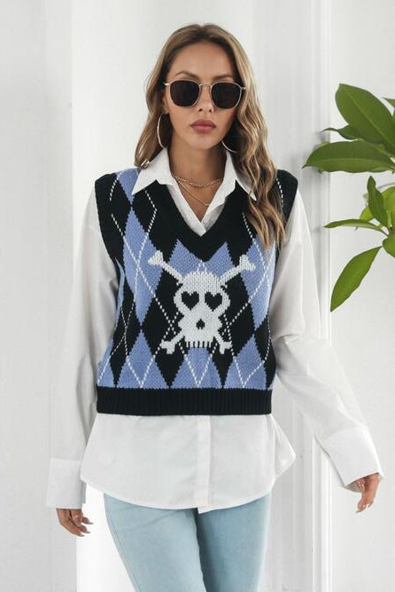 Skull Geometric V-Neck Sweater Vest - GemThreads Boutique