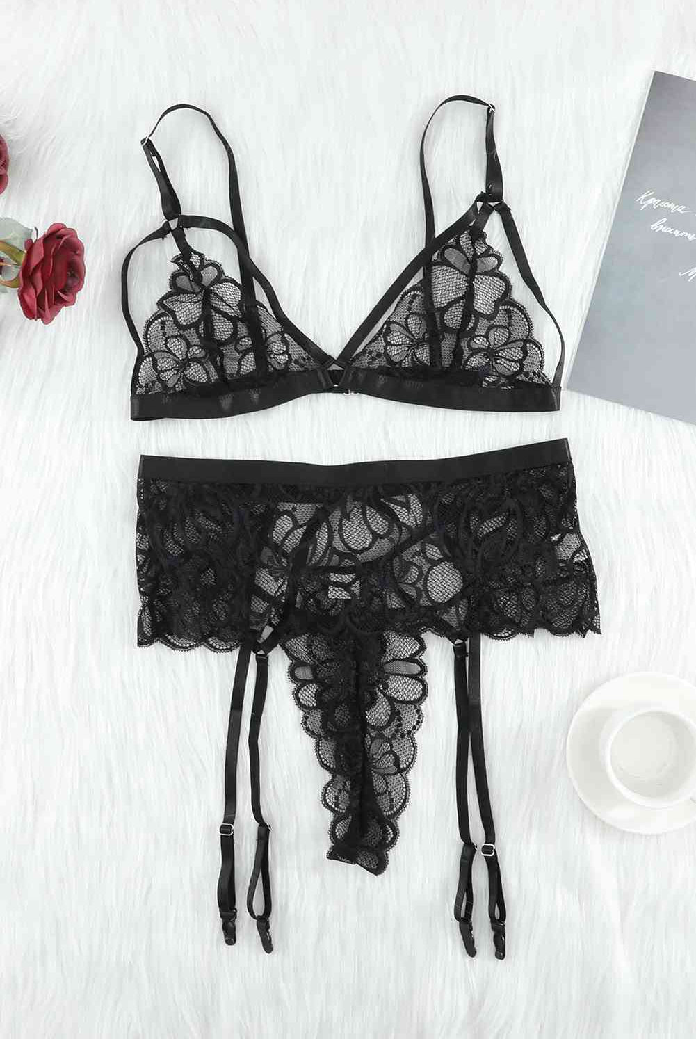 Strappy Three-Piece Lace Lingerie Set - GemThreads Boutique