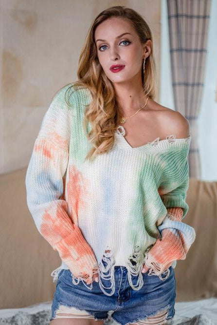 Tie-Dye V-Neck Long Sleeve Sweater - GemThreads Boutique