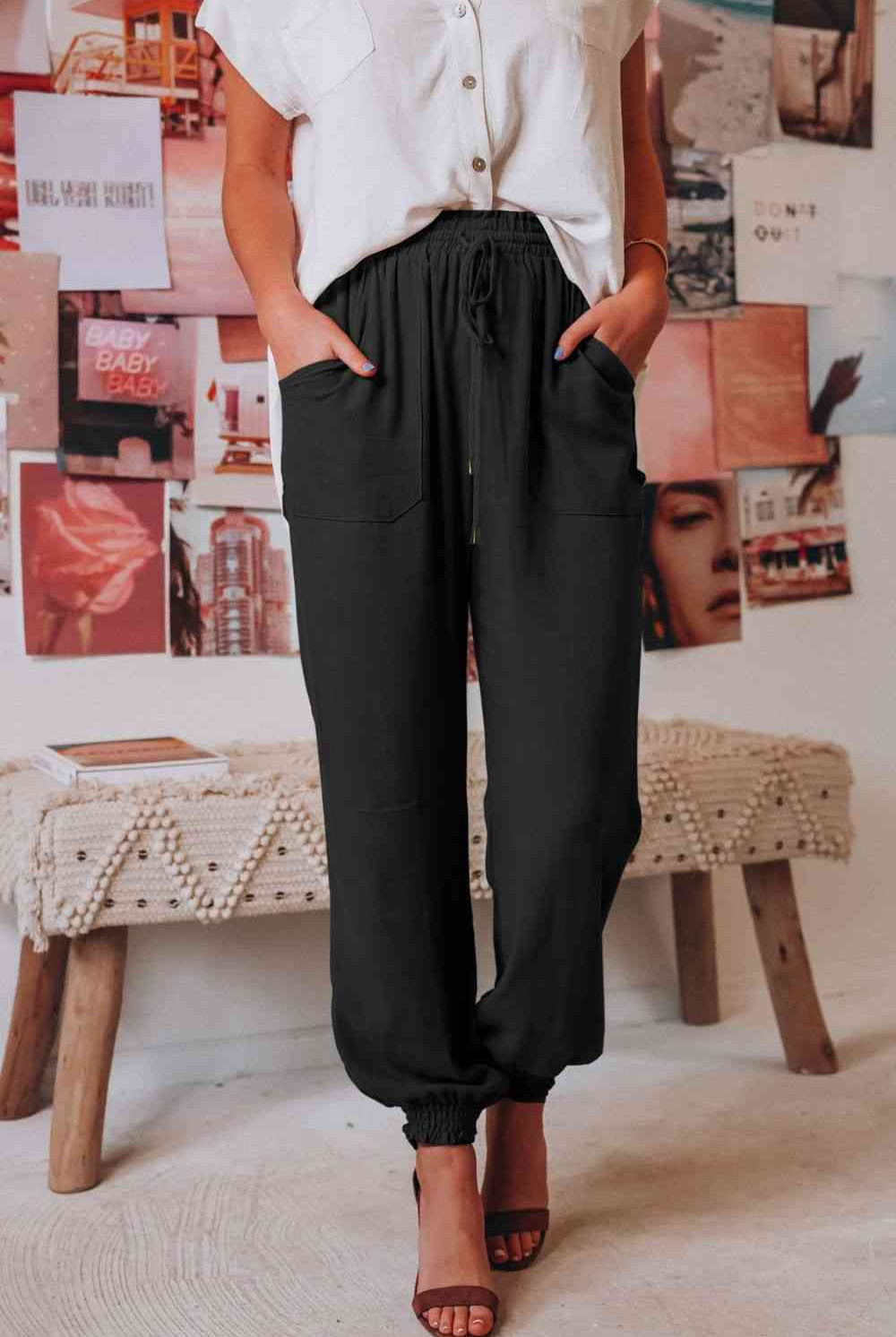 Tied Long Joggers with Pockets - GemThreads Boutique Tied Long Joggers with Pockets