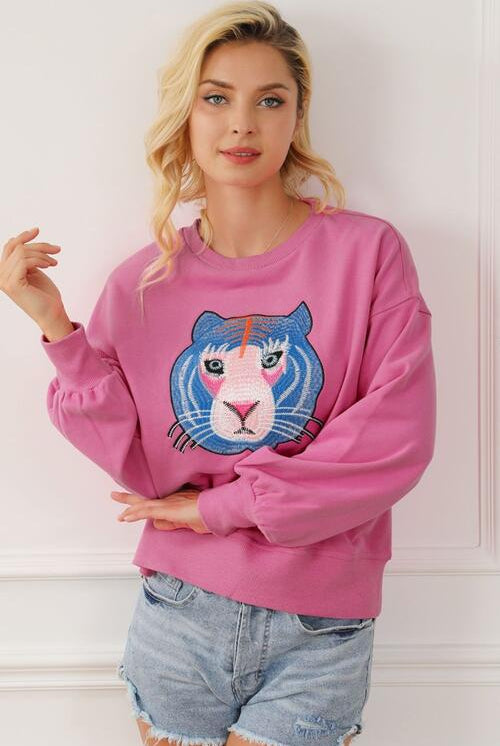 Tiger Embroidered Drop Shoulder Sweatshirt - GemThreads Boutique