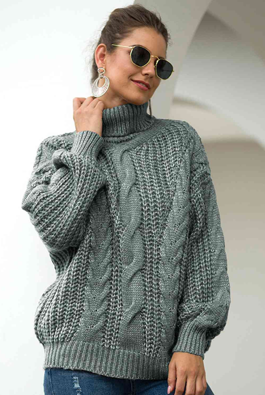 Turtleneck Cable-Knit Dropped Shoulder Sweater - GemThreads Boutique