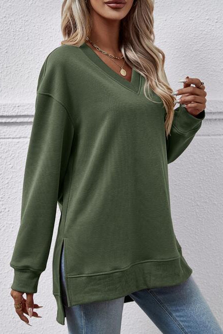 V-Neck Slit Long Sleeve Sweatshirt - GemThreads Boutique