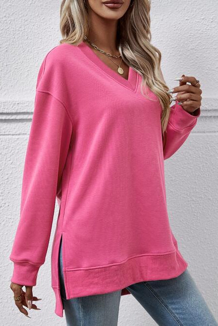 V-Neck Slit Long Sleeve Sweatshirt - GemThreads Boutique