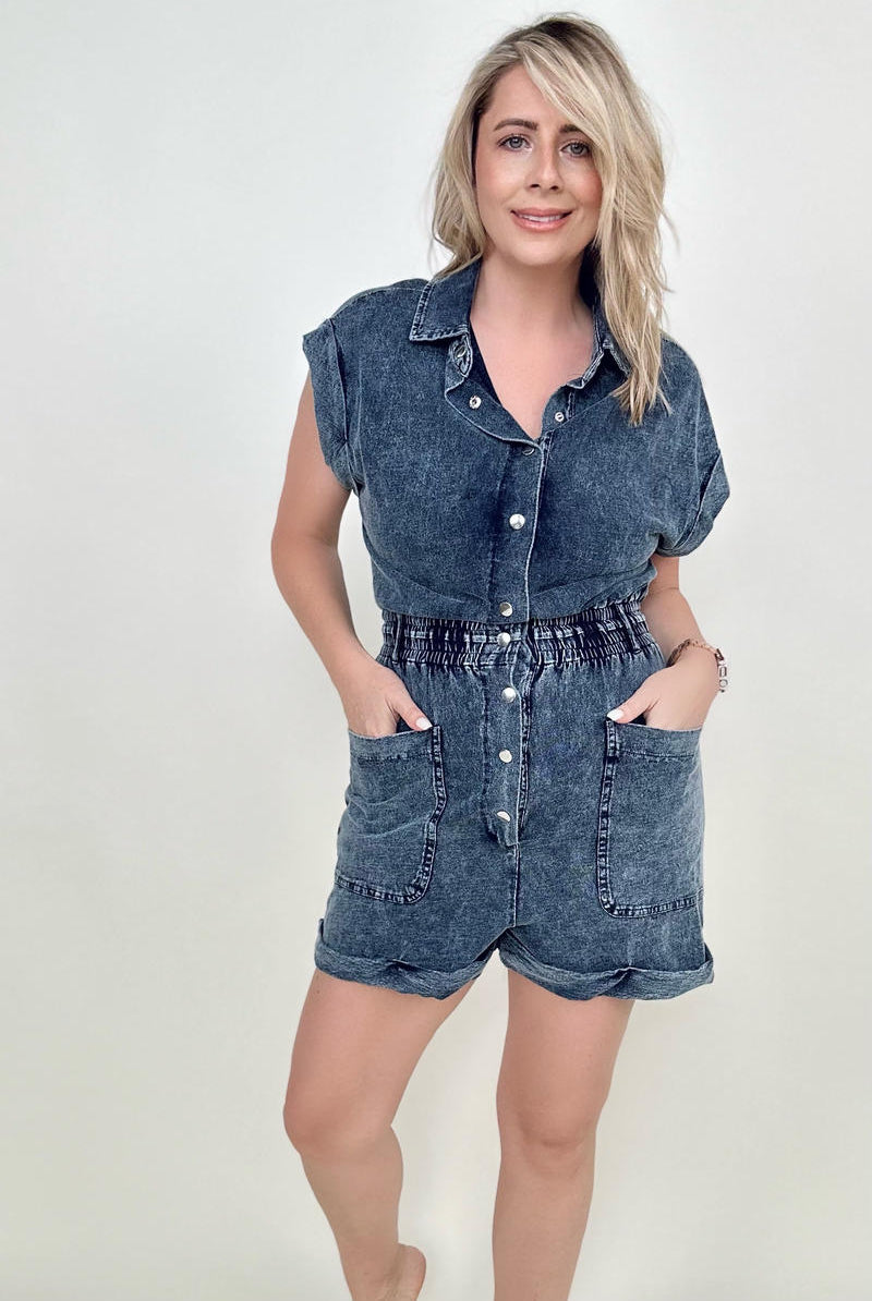 White Birch Short Sleeve Buttoned Front Woven Romper - GemThreads Boutique