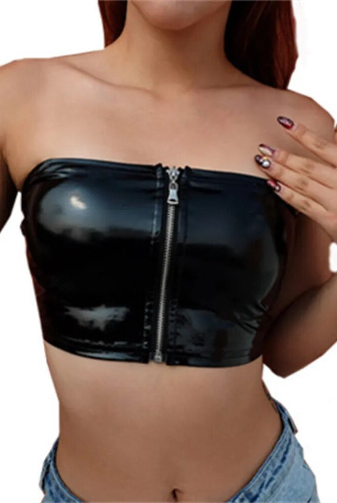 Women's Sexy Pu Crop Vest Black Leather PVC Shiny Zipper Navel Bandeau Bra Tube Bandage Bralet Crop Tank Top Bralette Bustier - GemThreads Boutique