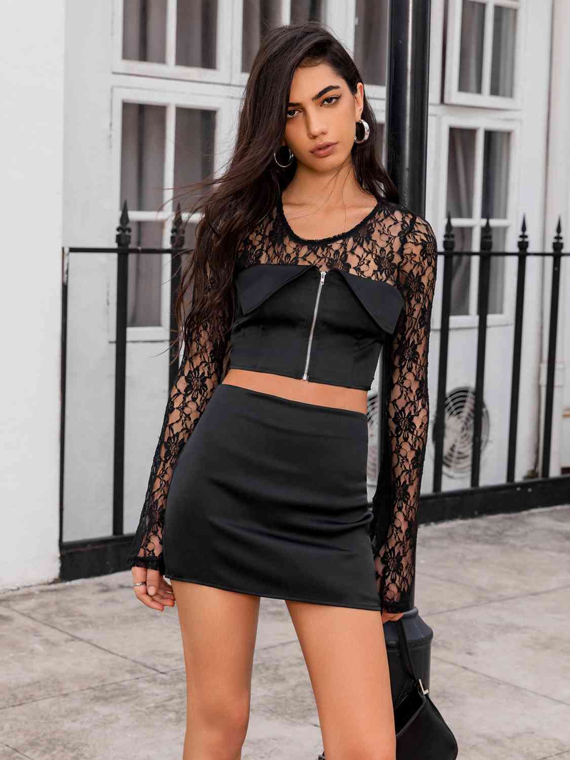 Zip Detail Crop Top and Skirt Set - GemThreads Boutique