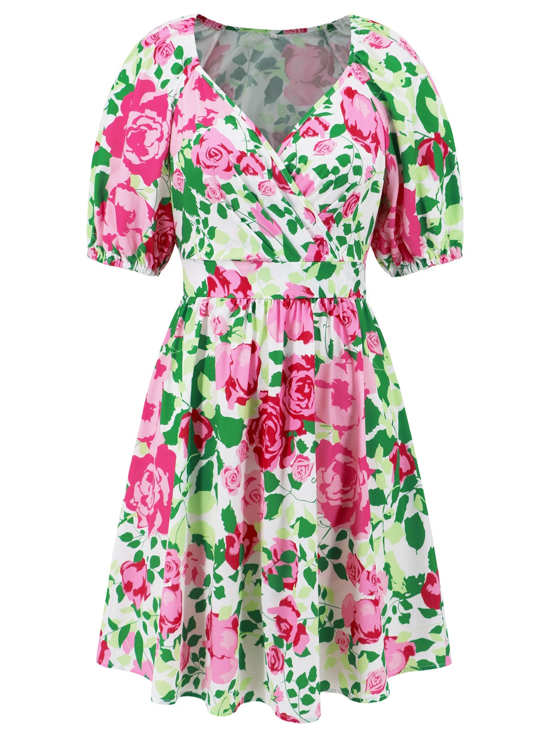 Woman wearing a vibrant floral summer surplice dress in tangerine, perfect for casual summer outings.
