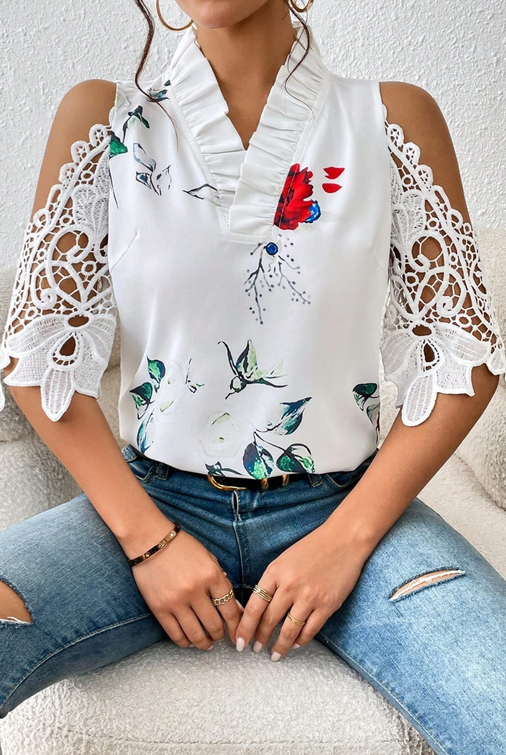 Whimsical White Lace Blouse with Floral Accents | GemThreads Boutique - GemThreads Boutique Whimsical White Lace Blouse with Floral Accents | GemThreads Boutique