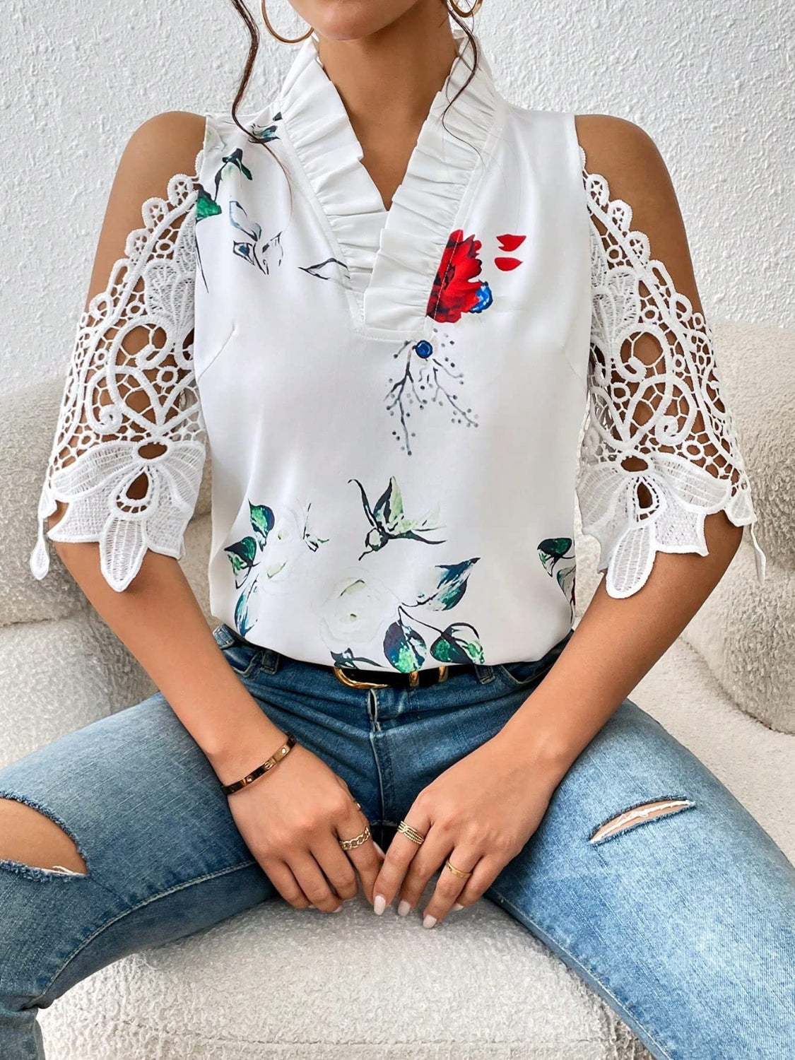 Whimsical White Lace Blouse with Floral Accents | GemThreads Boutique - GemThreads Boutique Whimsical White Lace Blouse with Floral Accents | GemThreads Boutique