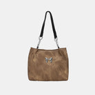 Elegant women's tote bag with a charming bow detail, available in camel, brown, gray, and blue, made from high-quality polyester.