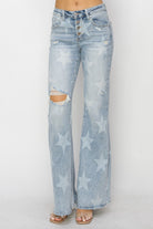 RISEN Mid Rise Button Fly Start Print Flare Jeans - GemThreads Boutique RISEN Mid Rise Button Fly Start Print Flare Jeans