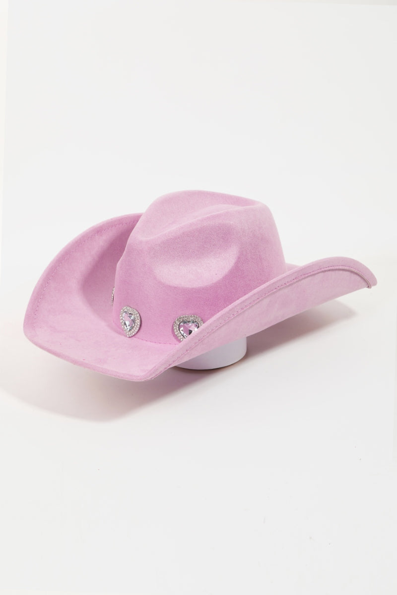 Rhinestone embellished cowboy hat in vibrant pink.
