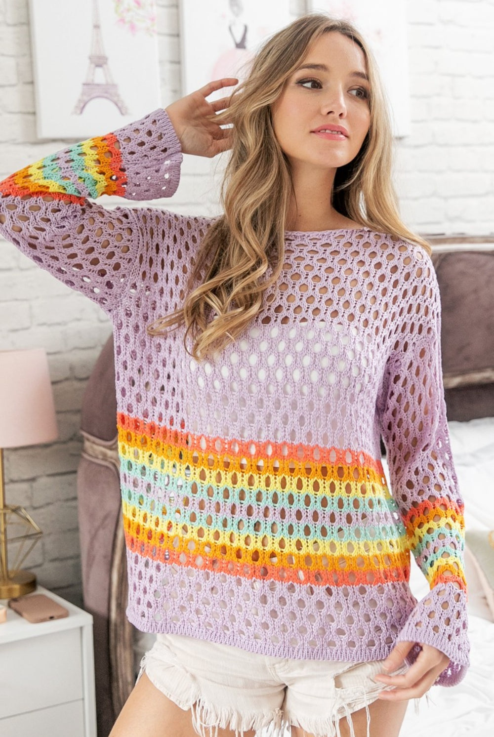 BiBi Rainbow Stripe Hollow Out Cover Up - GemThreads Boutique BiBi Rainbow Stripe Hollow Out Cover Up