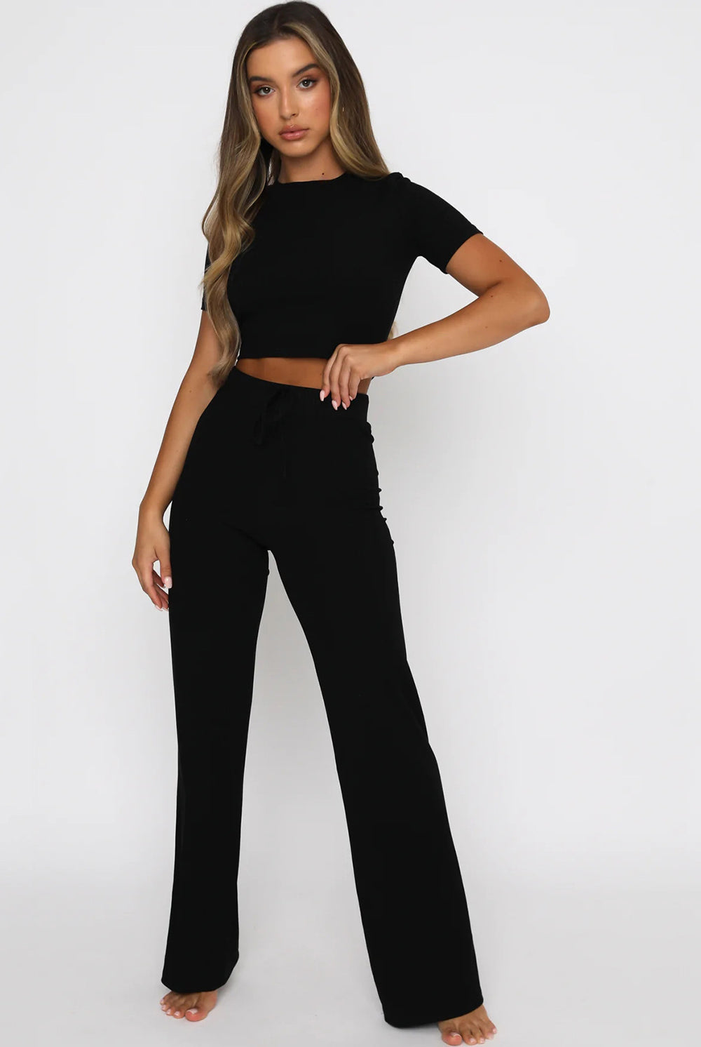 Round Neck Short Sleeve Top and Pants Set - GemThreads Boutique Round Neck Short Sleeve Top and Pants Set