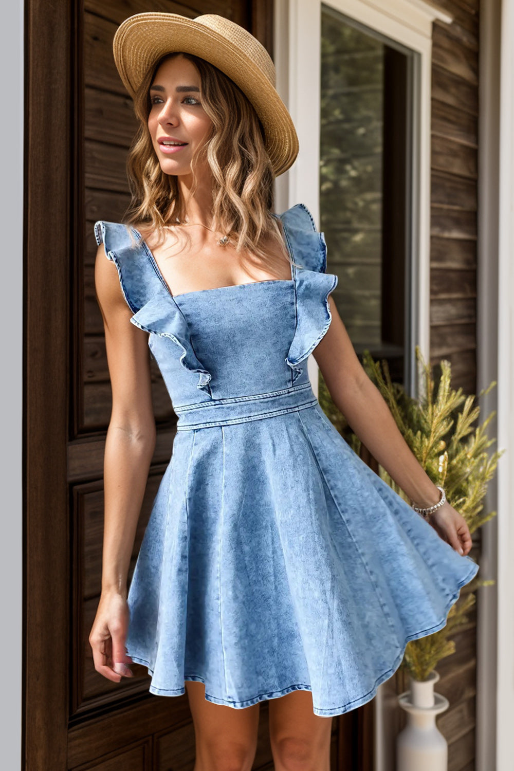 A woman stands confidently in a light blue ruffled mini dress with a square neckline, embodying a blend of casual elegance and youthful charm.