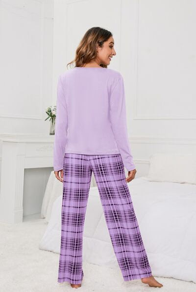 Round Neck Long Sleeve Top and Bow Plaid Pants Lounge Set
