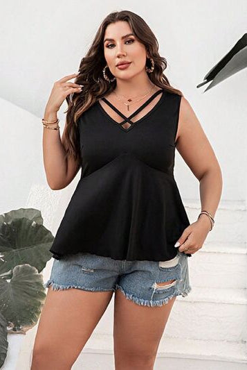 Plus size sleeveless peplum tank with a crisscross V-neck design, offering a flattering silhouette and stylish look for versatile wear.