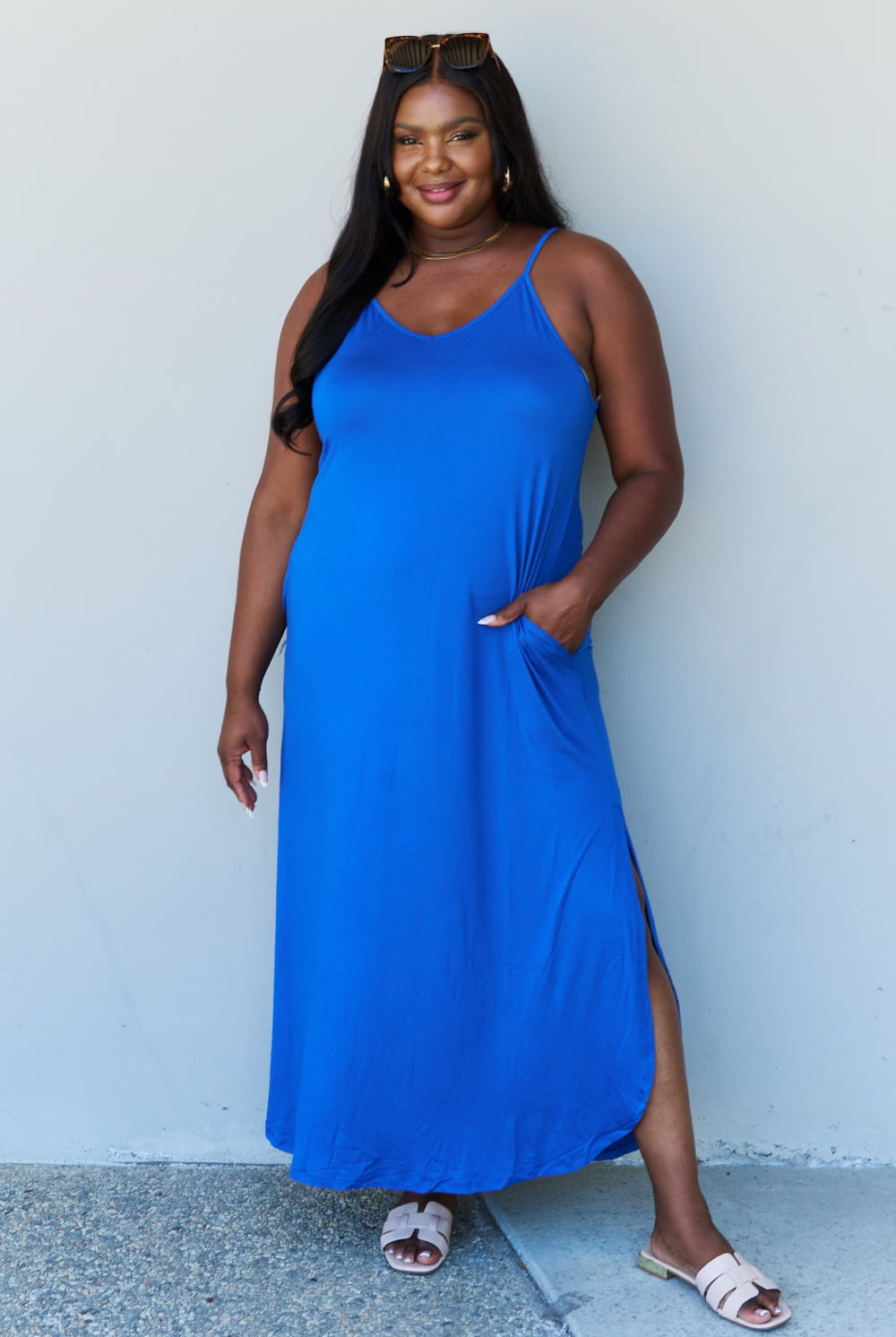 Ninexis Good Energy Full Size Cami Side Slit Maxi Dress in Royal Blue - GemThreads Boutique Ninexis Good Energy Full Size Cami Side Slit Maxi Dress in Royal Blue