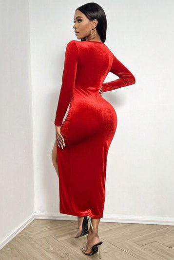Elegant red velvet long sleeve midi dress with scoop neck and thigh-high slit