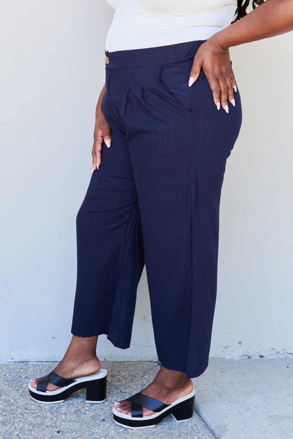 And The Why In The Mix Full Size Pleated Detail Linen Pants in Dark Navy - GemThreads Boutique