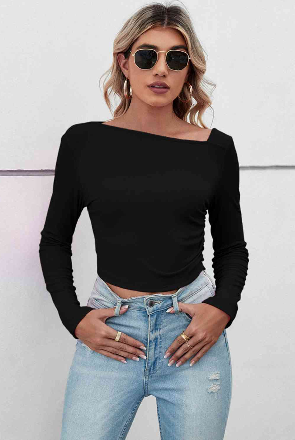 Asymmetrical Neck Long Sleeve T-Shirt - GemThreads Boutique