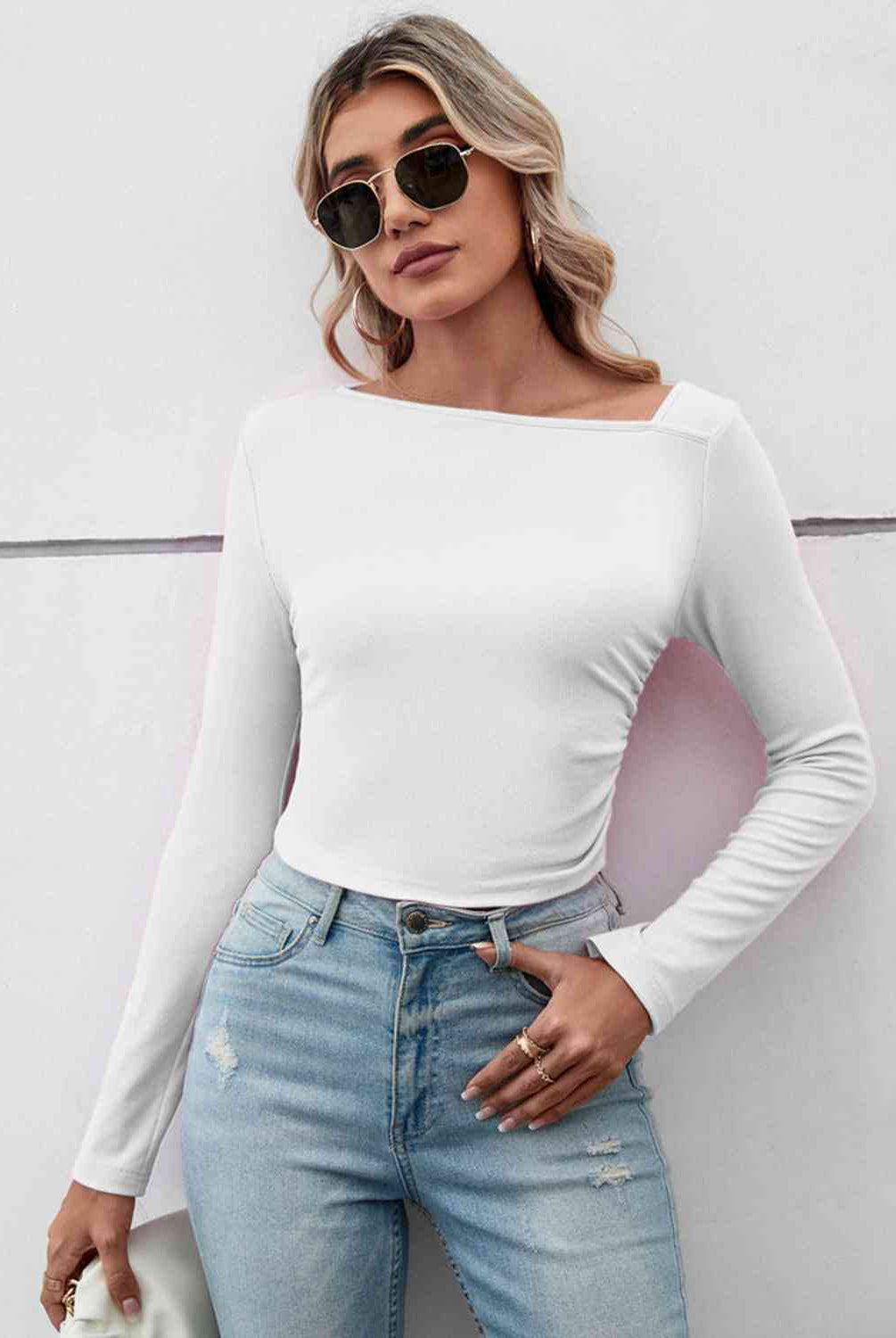 Asymmetrical Neck Long Sleeve T-Shirt - GemThreads Boutique