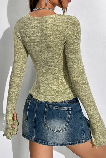 Heathered long sleeve t-shirt with a unique cutout neckline and drawstring, offering a snug and stylish look.
