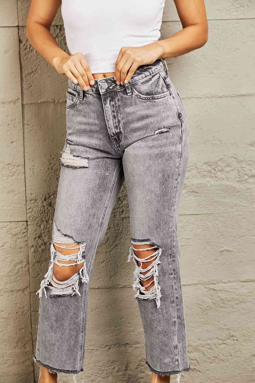 BAYEAS Acid Wash Distressed Cropped Straight Jeans - GemThreads Boutique