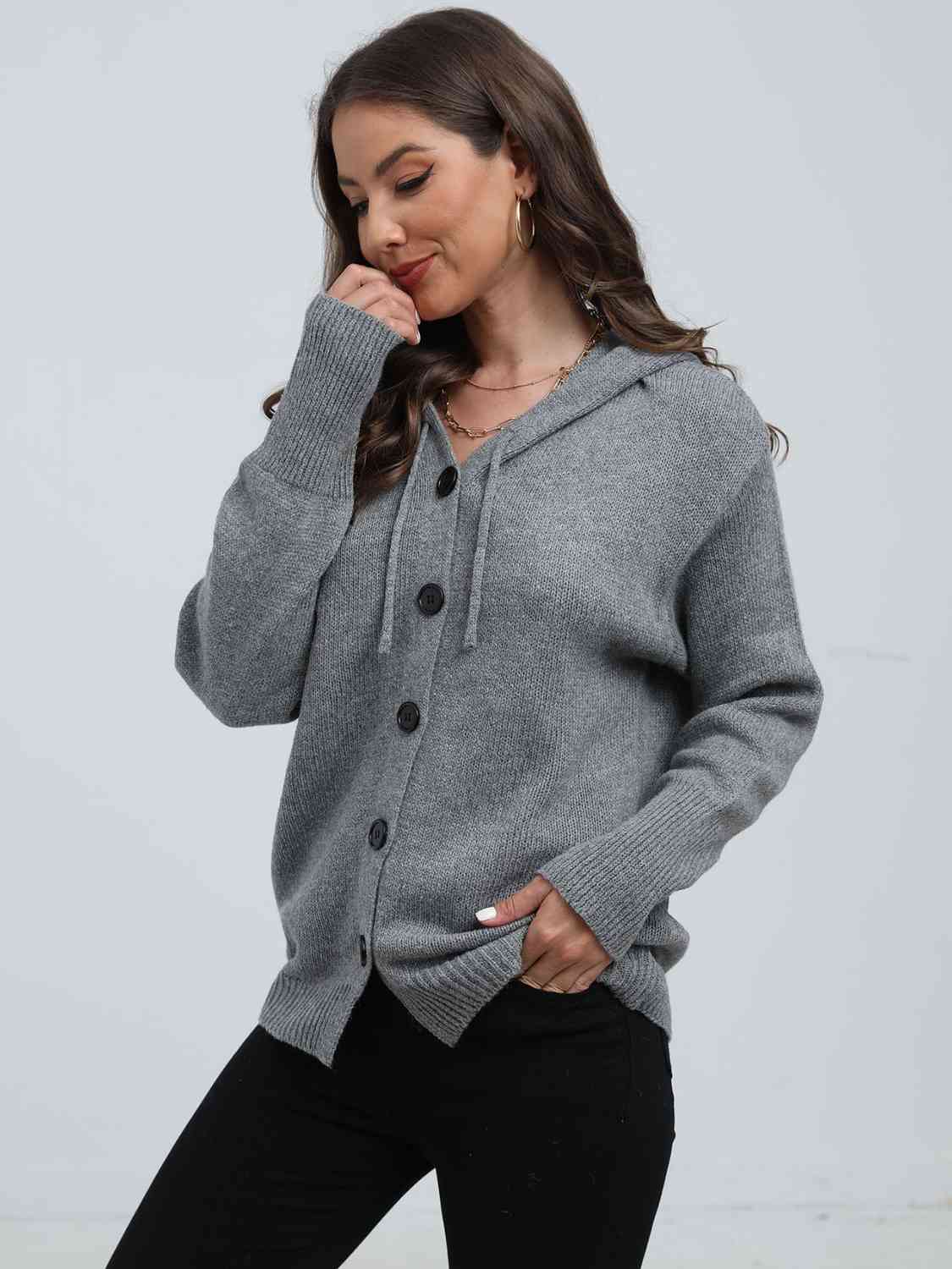 Button Down Drawstring Hooded Cardigan - GemThreads Boutique
