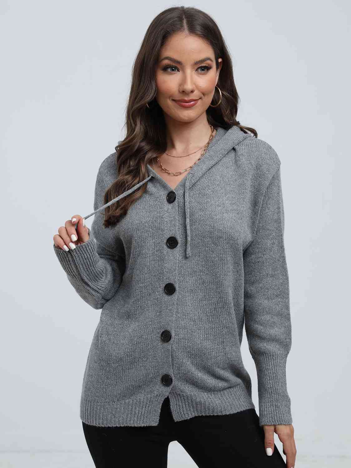 Button Down Drawstring Hooded Cardigan - GemThreads Boutique