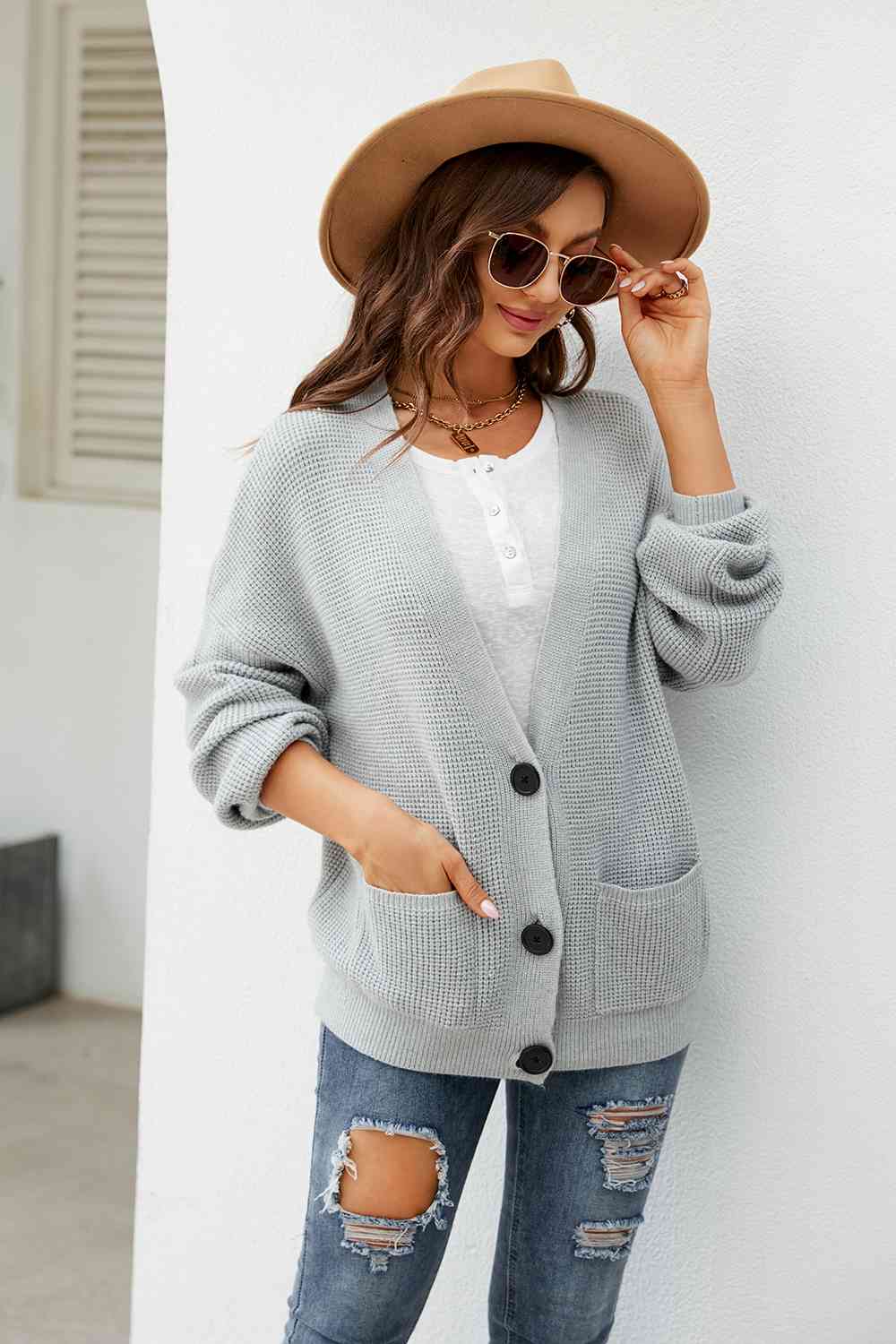 Button Up Drop Shoulder Long Sleeve Cardigan - GemThreads Boutique