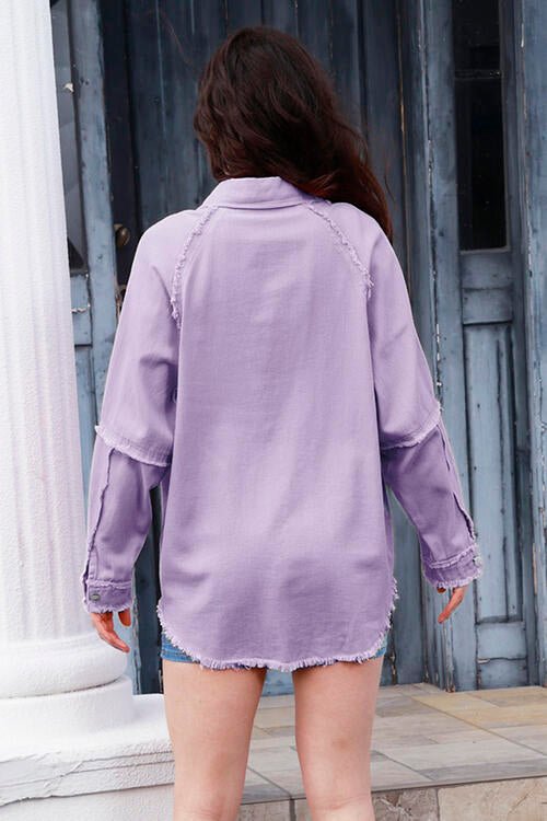 Button Up Raw Trim Long Sleeve Jacket - GemThreads Boutique