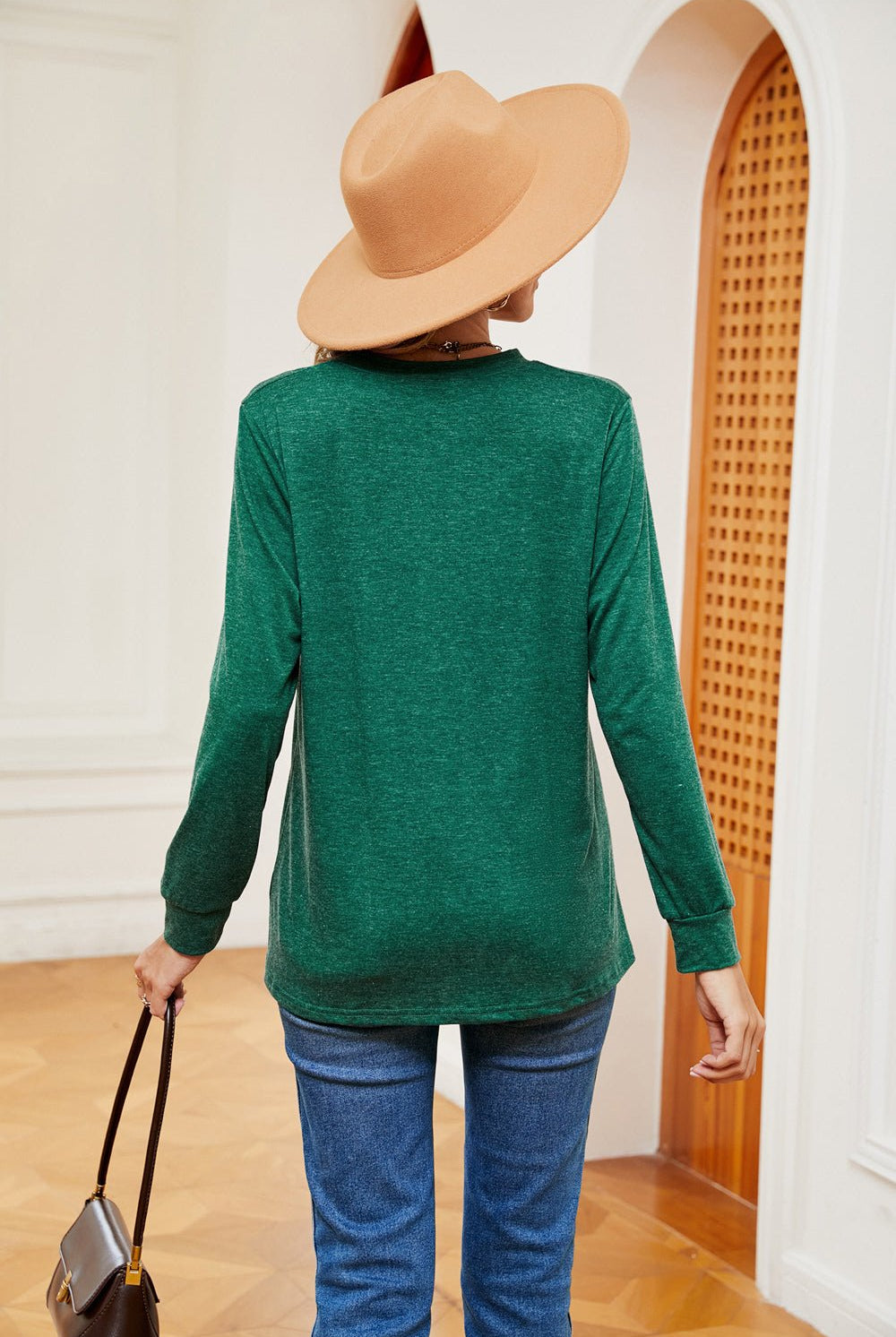 Buttoned Notched Neck Long Sleeve Top - GemThreads Boutique
