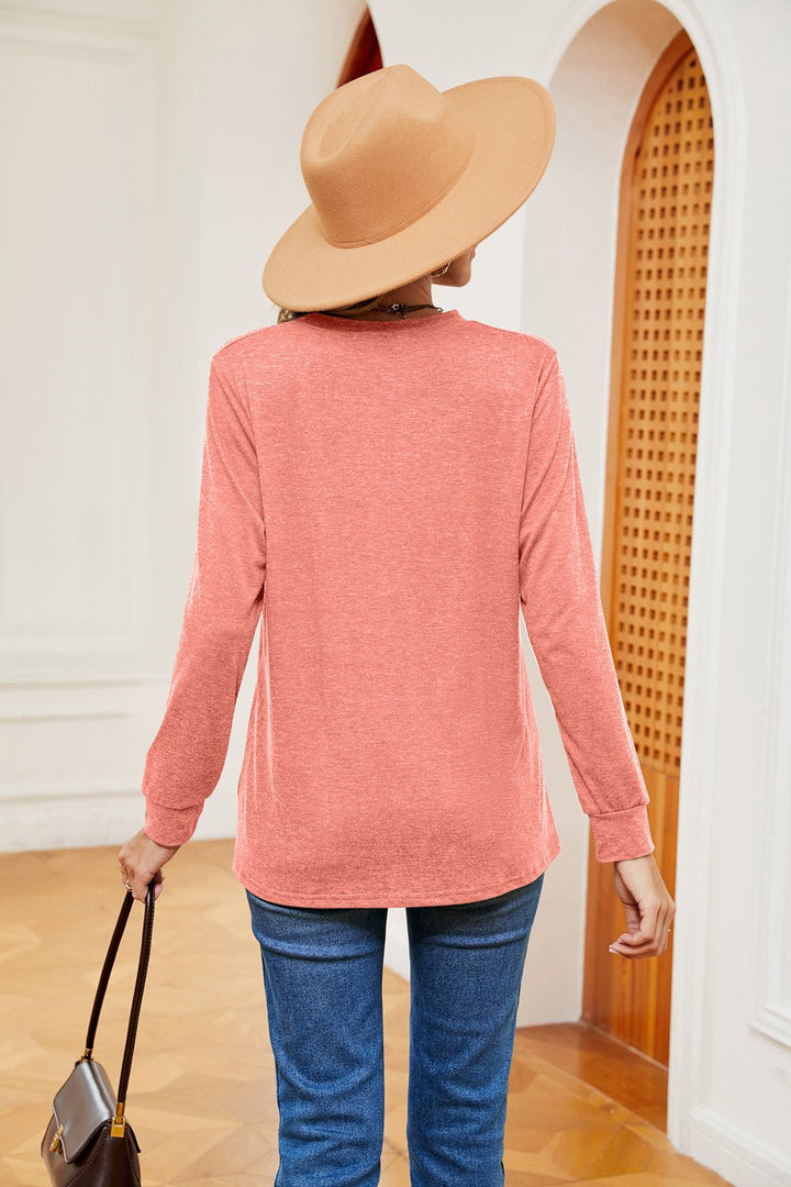 Buttoned Notched Neck Long Sleeve Top - GemThreads Boutique