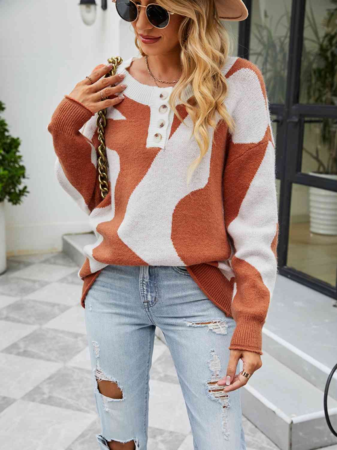 Buttoned Round Neck Drop Shoulder Sweater - GemThreads Boutique