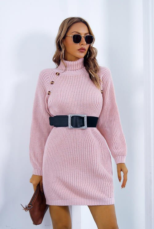 Buttoned Turtleneck Long Sleeve Sweater Dress - GemThreads Boutique